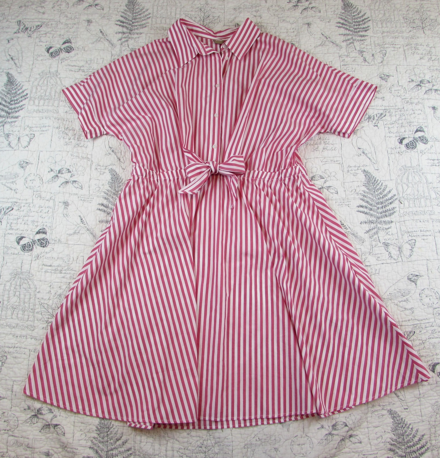 NEW $278 HUGO BOSS Spring Pink Stripe Tie Waist Poplin Shirt dress womens 12