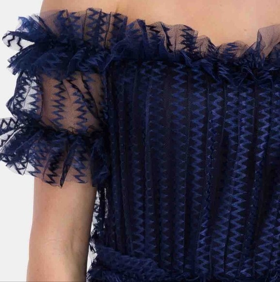 Blue See through Mesh Ruffle Off Shoulder Pleated Midi Dress Top Beach Cover Up