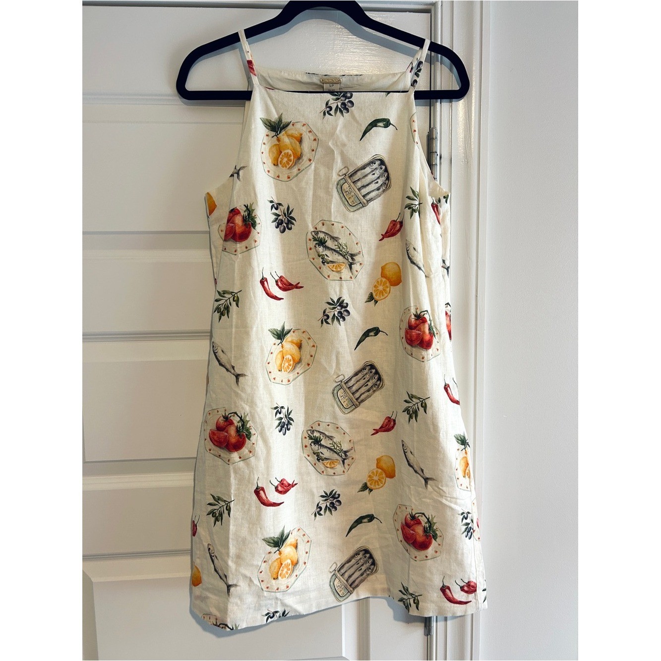 Magaschoni Sardine Lemon Print Linen Blend Mini Dress Small White Mediterranean