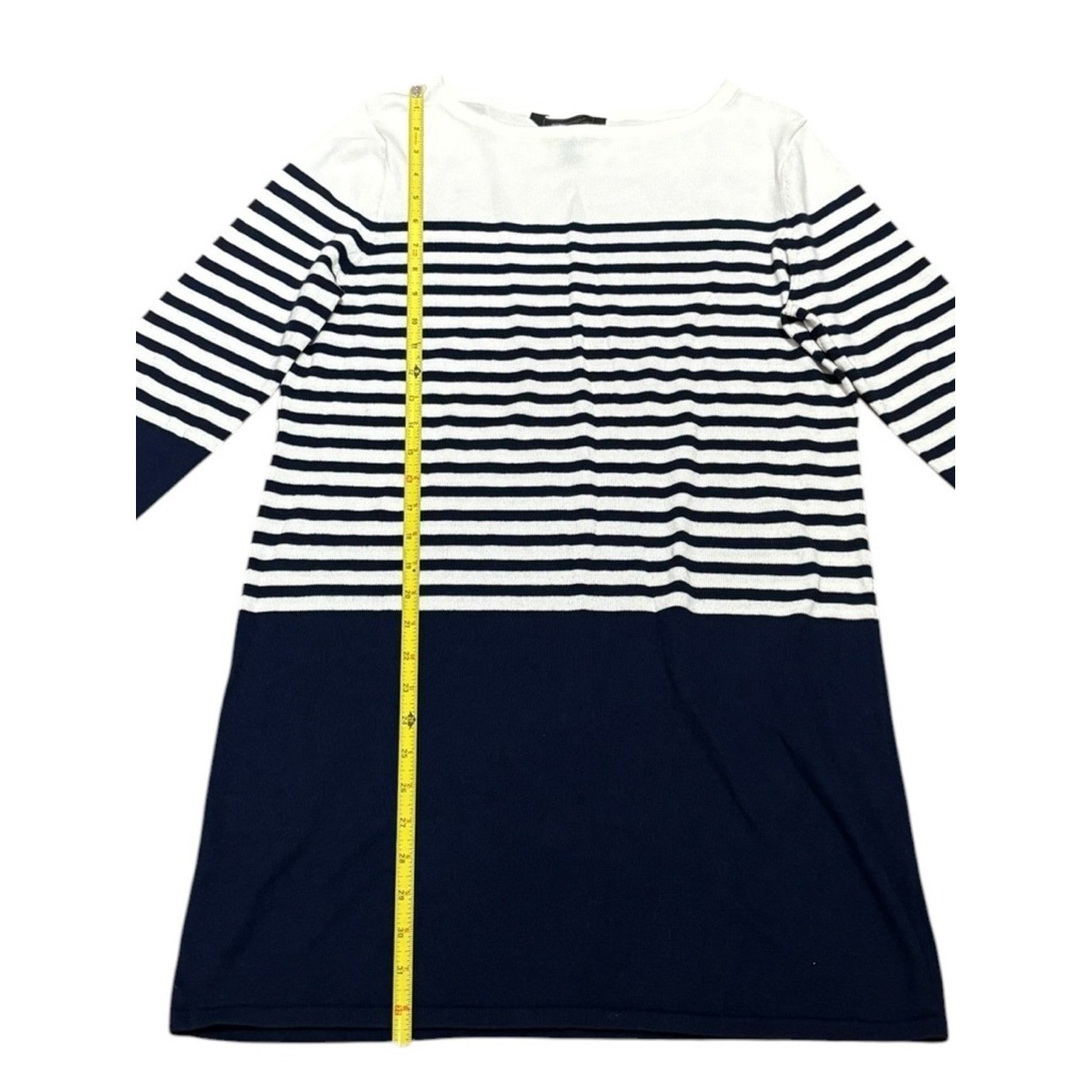 BCBGMaxAzria Navy and White Striped Long Sleeve Shift Sweater Dress, Size M