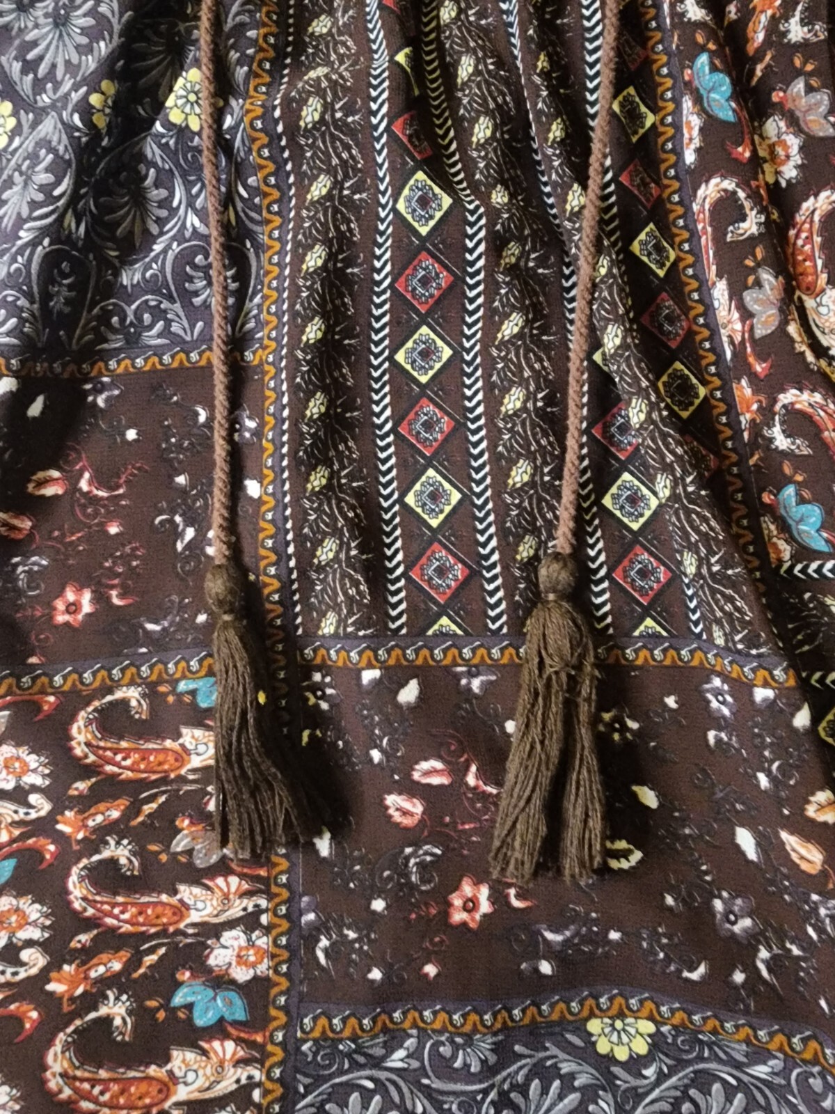 Bow + Arrow Boho Peasant Dress Brown Patchwork Sheer Lace Tassels Women’s S EUC