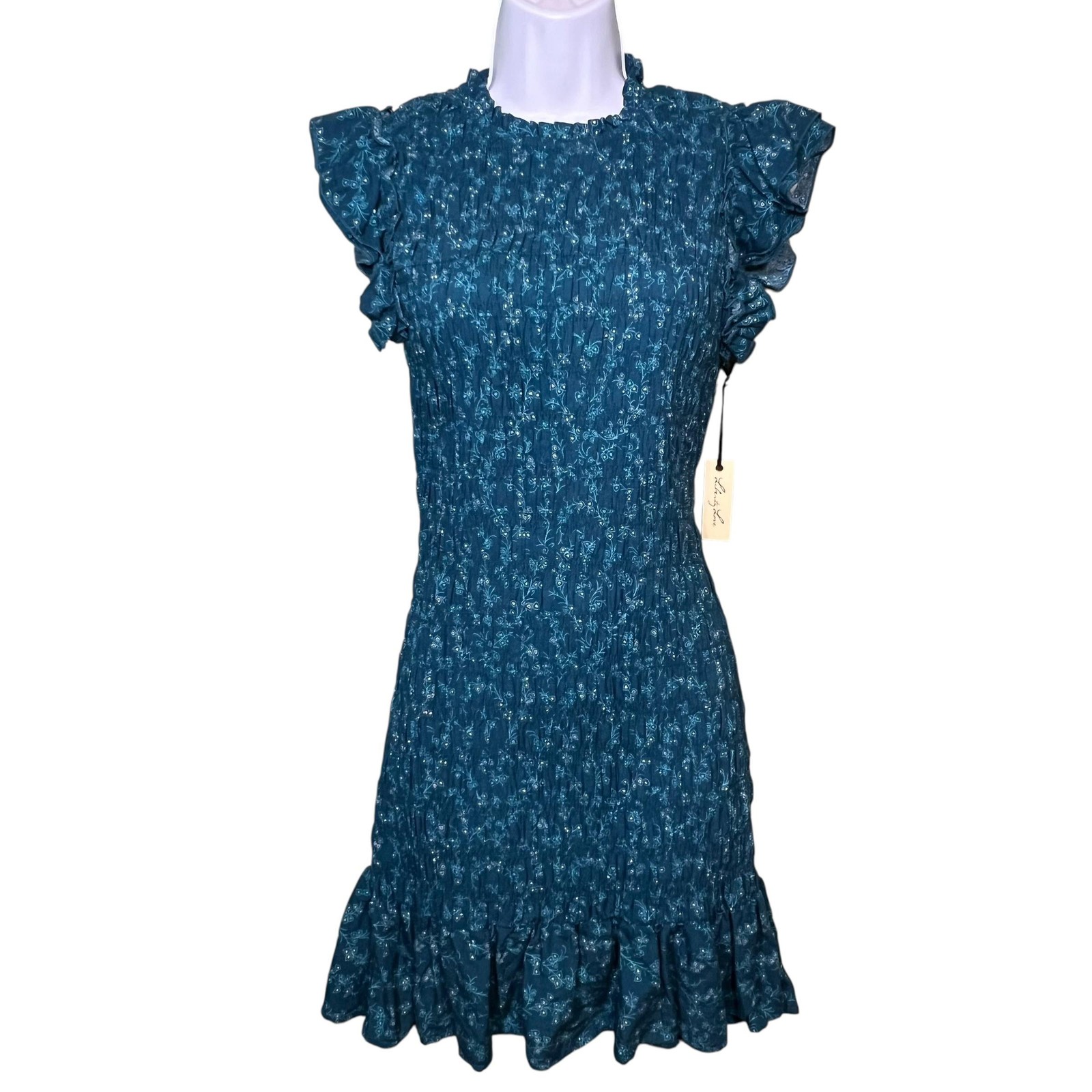 Liberty Love Mini Dress Womens Large Blue Ruffle Mini Floral Smocked Cap Sleeve
