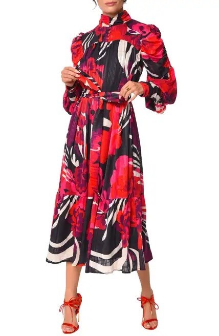 CIEBON Adele Women’s Belted Floral Zip Cuff Puff Sleeve Midi Dress Red Size S