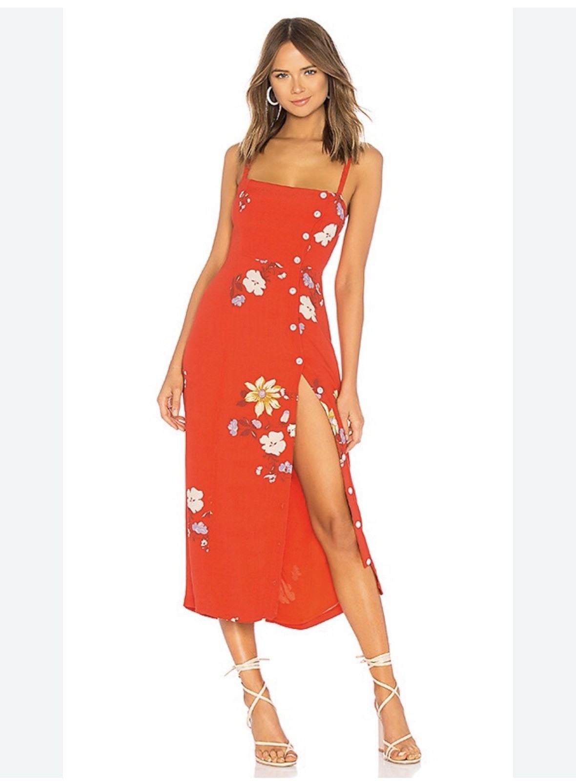 Capulet Red Floral Midi Dress Button Front Slip Dress S Small Summer Resort Euro