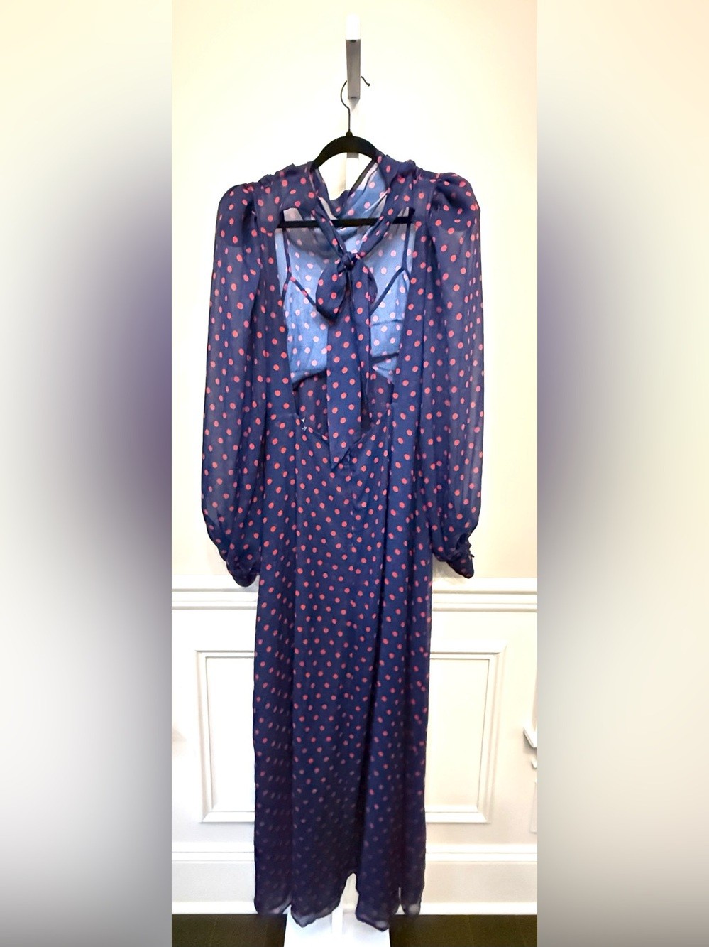 For Love & Lemons Navy Red Polka Dot Maxi Dress Puff Sleeve Side Slit M