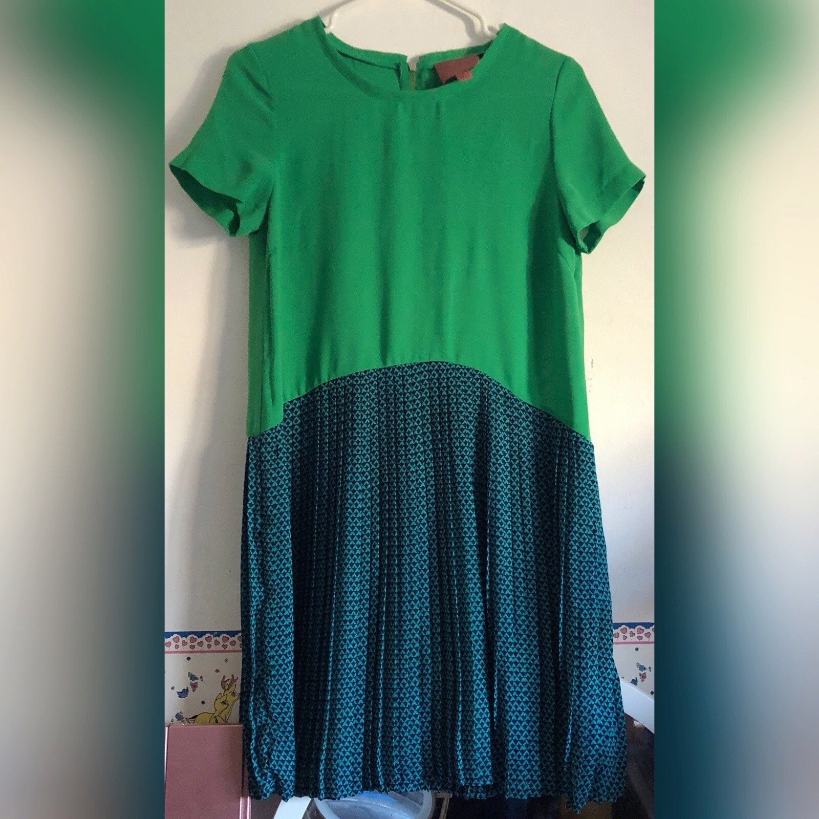 I. Madeline Green Navy Blue Geometric Print Colorblock Pleated Dress Size Small