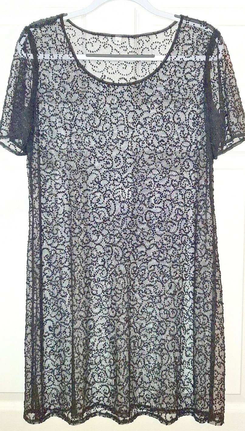 Black Mesh Dress Embellished Sheer Short Sleeve A-line Sheath Women’s Size 8