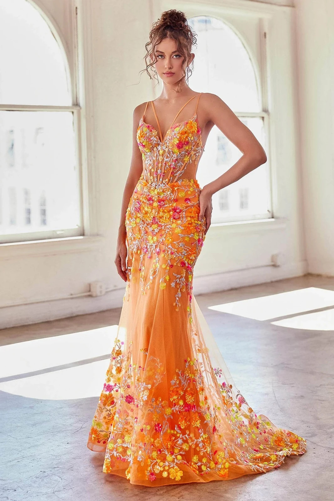 NWT Ladivine CK946 Orange Floral Sequin Prom Pageant Evening Mermaid Dress 6