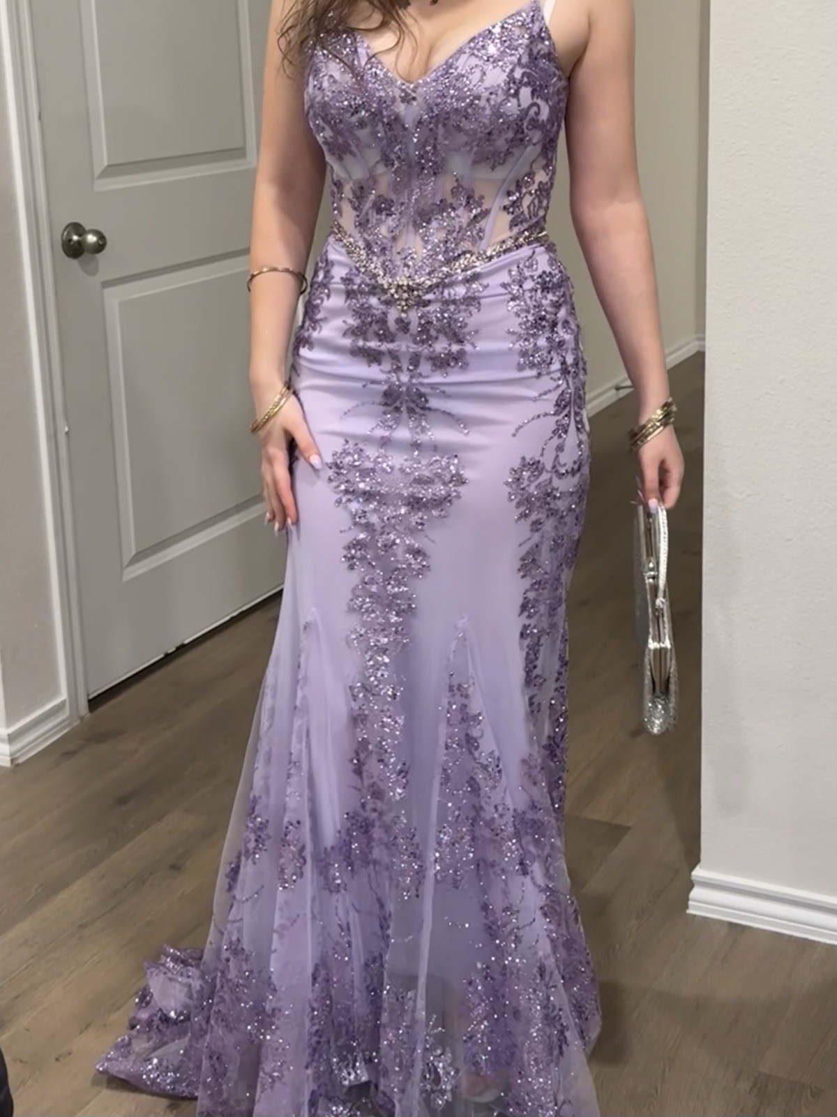 Purple Sequin Beaded Embroidered Long V-Neck Gown With Pearl Masquerade Mask