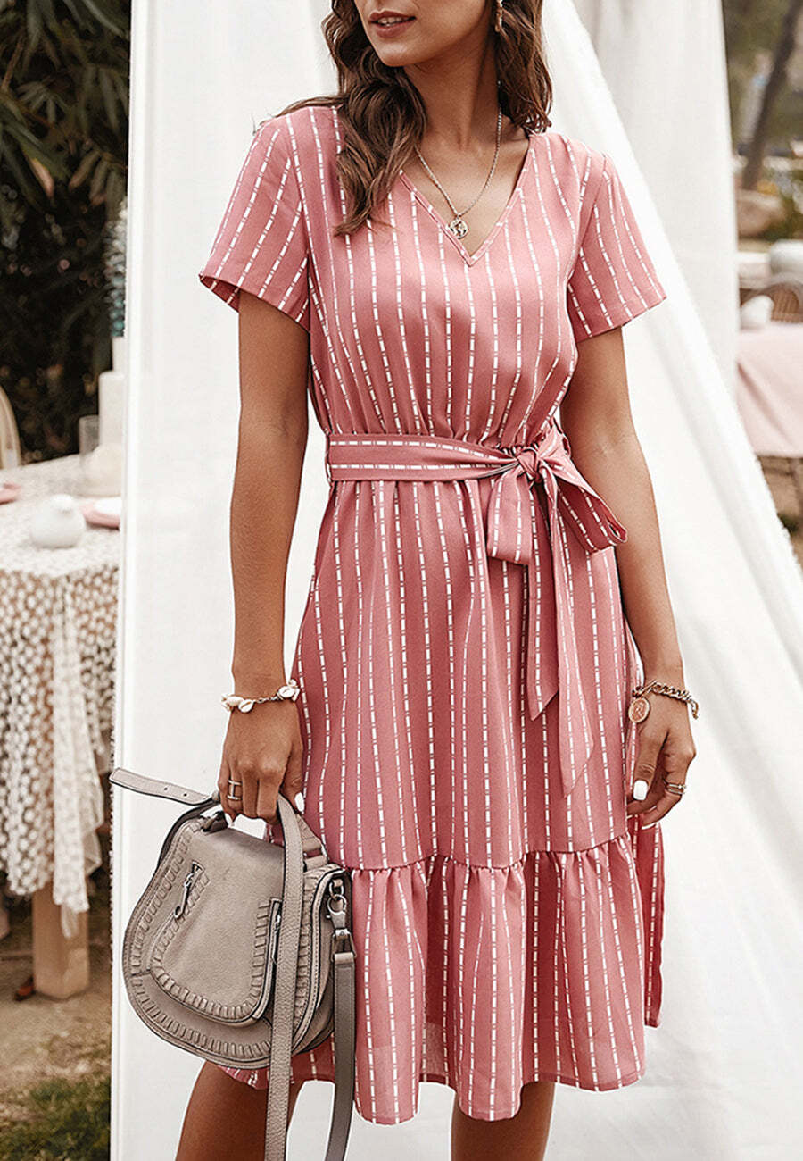 Vertical Striped Short Sleeve Ruffle Flowy Swing Dress With Belt