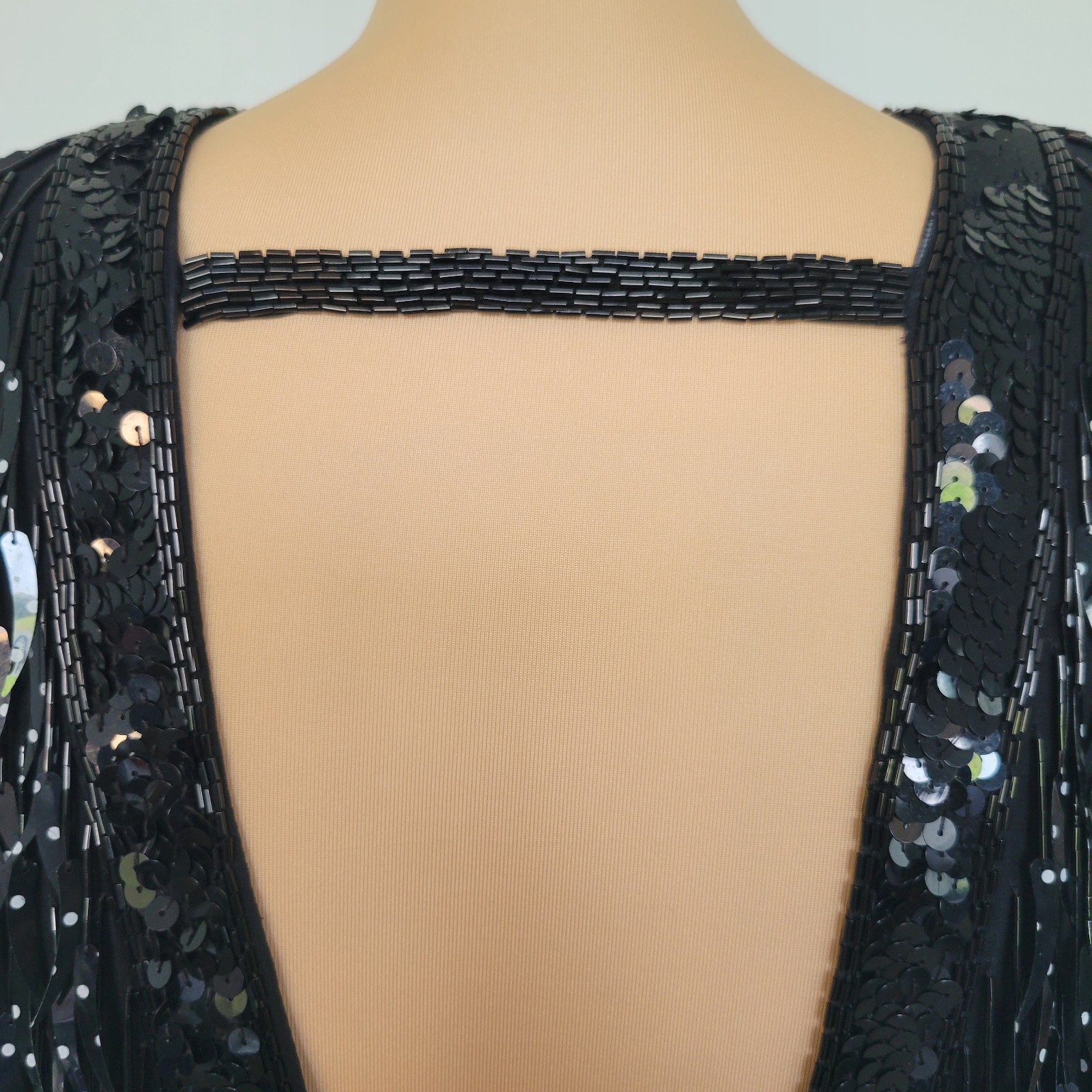 Vintage 100% Silk Black Polka Dots Sequined Beaded Fringe V-neck Dress Sz Medium