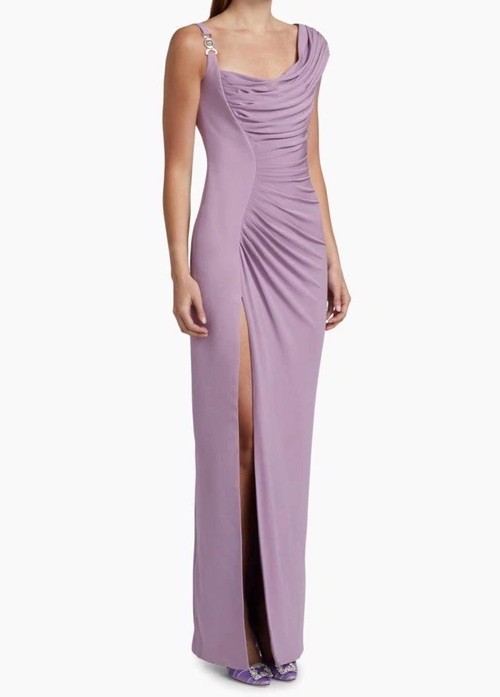 Versace ‘95 Medusa Hardware Draped Silk Slit Gown Lilac Dusty Lavender Sz 40