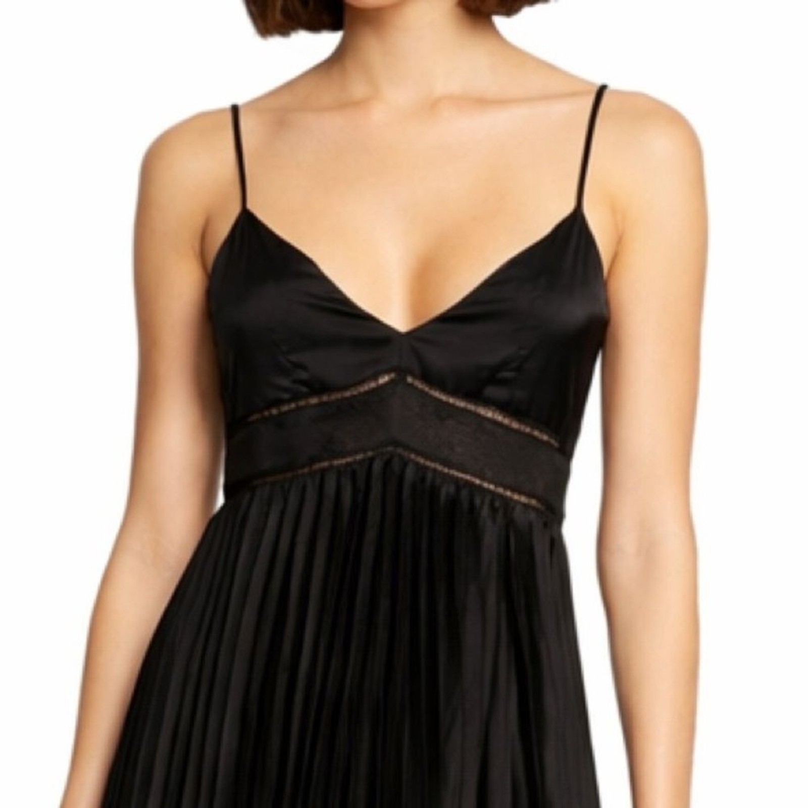 Saks Fifth Avenue Black Satin Pleated Midi Dress Spaghetti Strap V Neck Sz Small