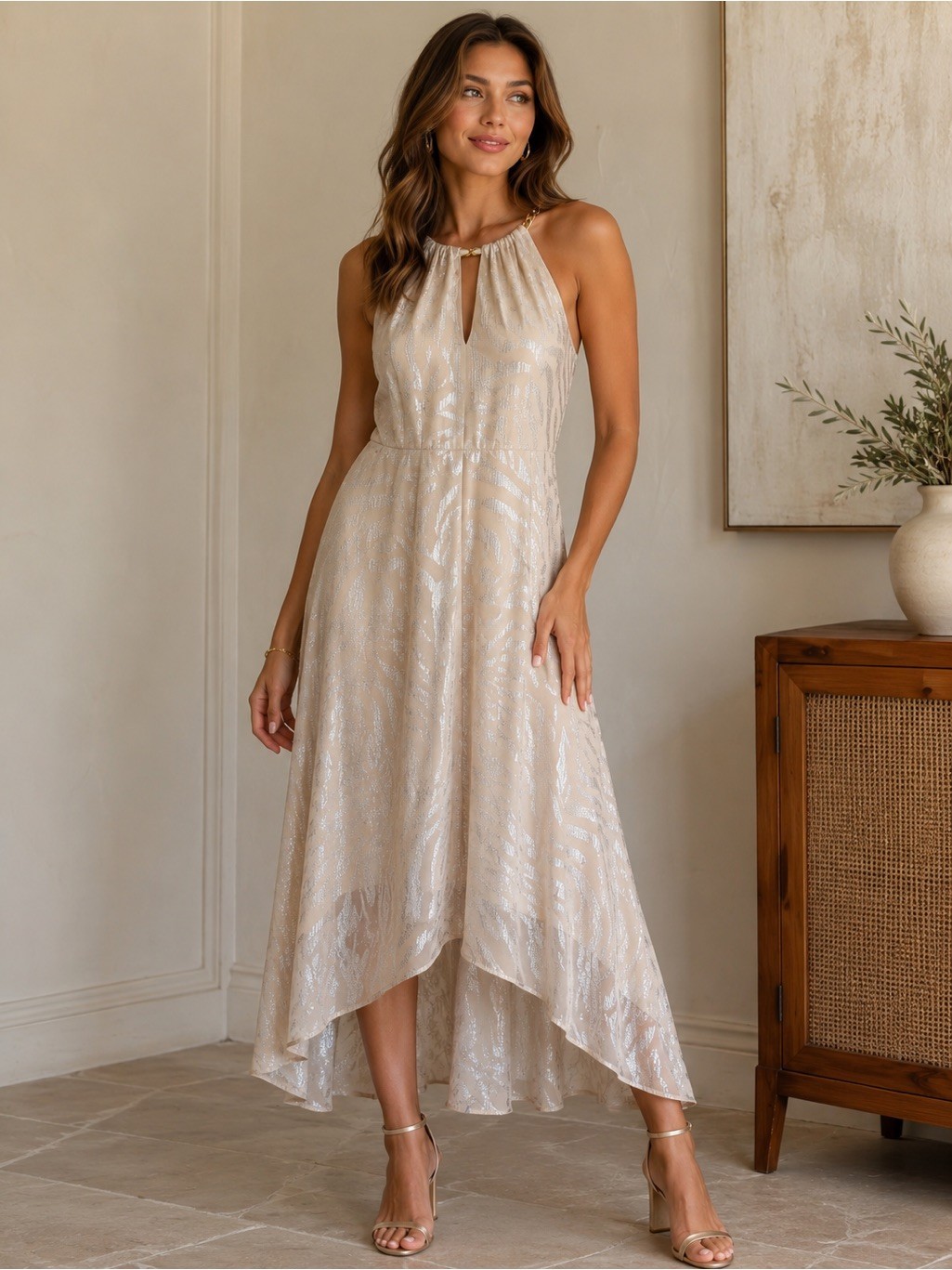 White House Black Market Champagne Halter Dress with Gold Chain Straps