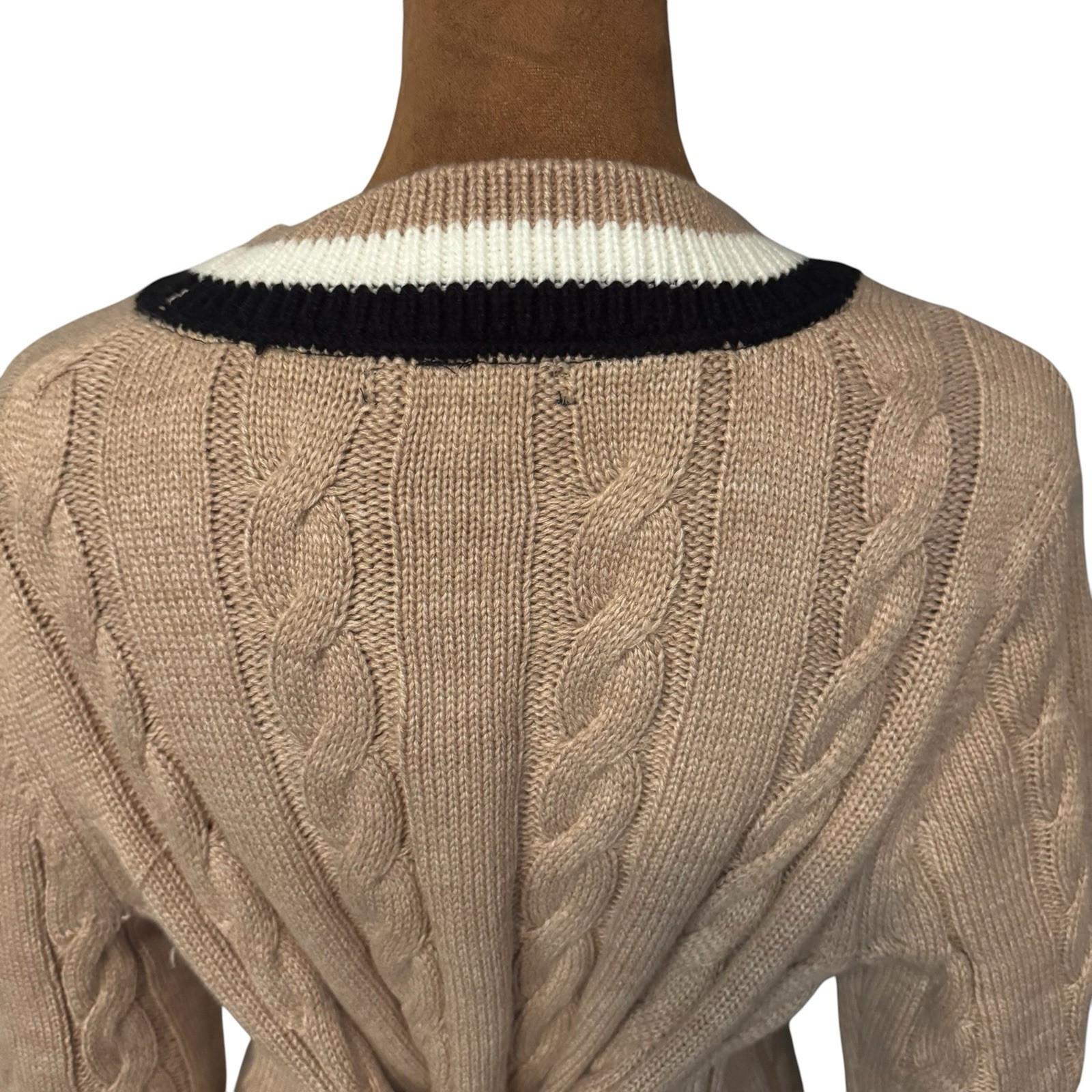 Tommy Hilfiger Chunky Cable Knit Varsity Dress M V Neck Camel Preppy Old Money
