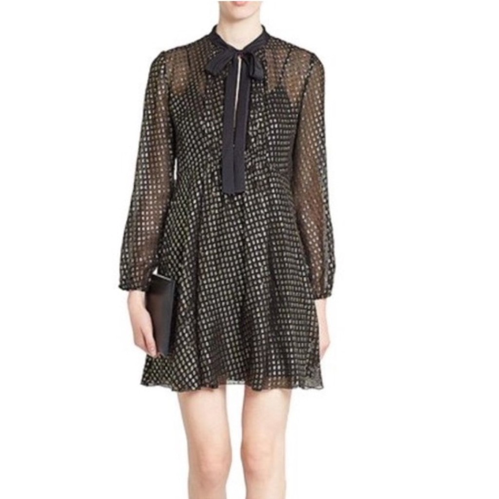 RED Valentino Black and Gold Bishop Sleeve cocktail dress pussybow