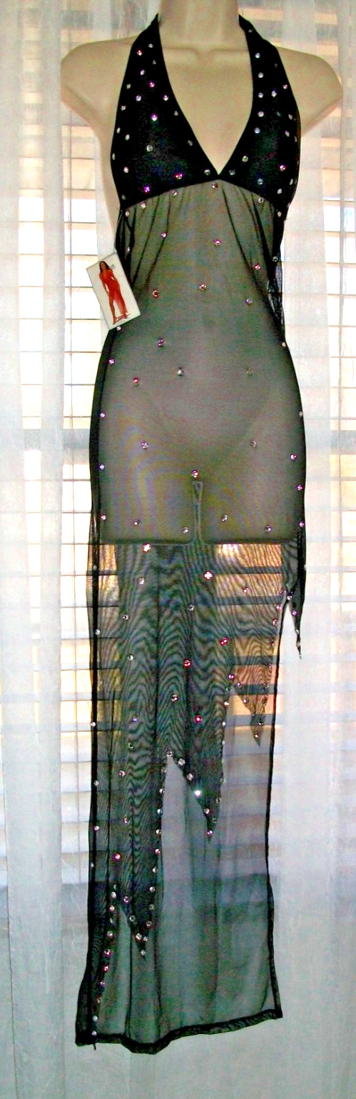 ROMA HOLLYWOOD S/M SHEER STRETCH BLACK NET RHINESTONE PARTY HALTER DRESS