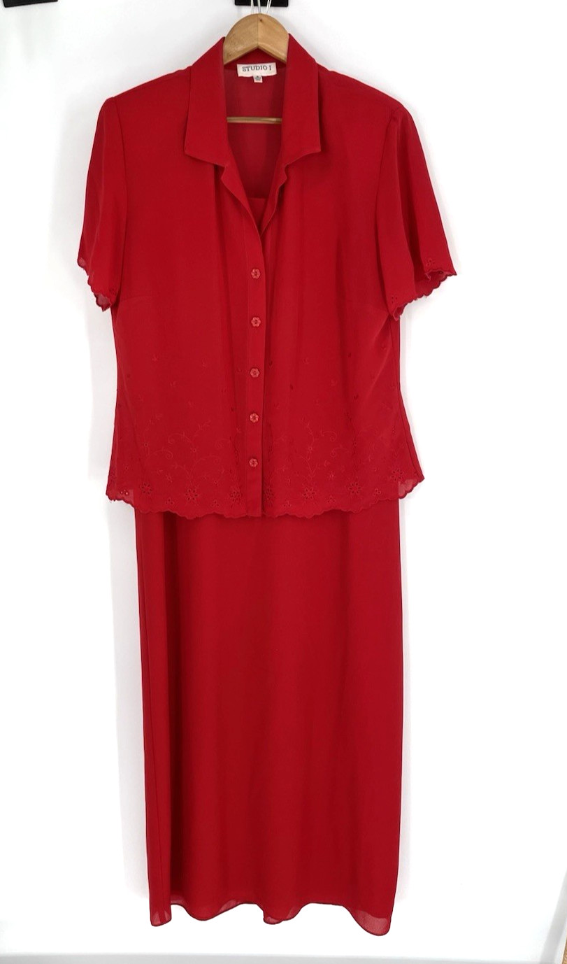 Studio I Womens 16 Two Piece Dress Set Red Short Sleeve Embroidered Jacket
