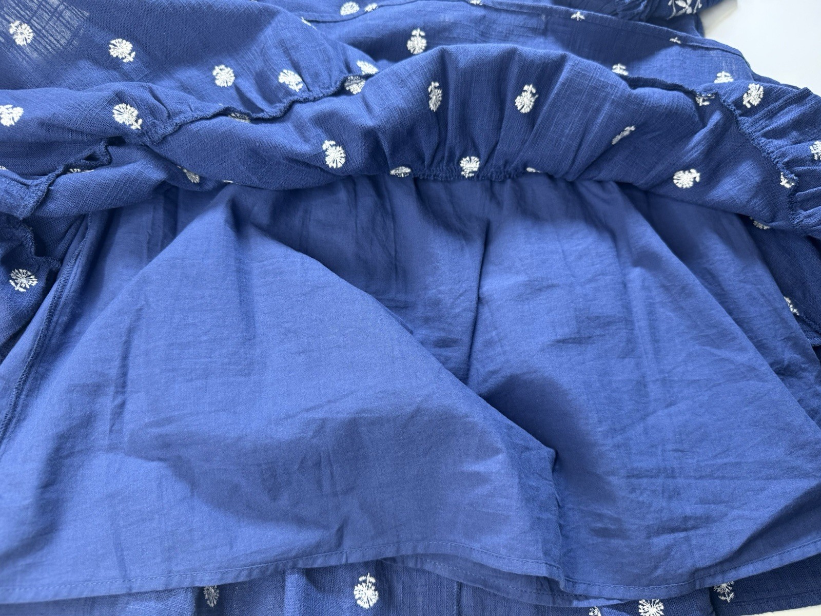 A Loves A XS Navy Blue Embroidered Cotton Peasant Dress Lined Pockets Boho puff
