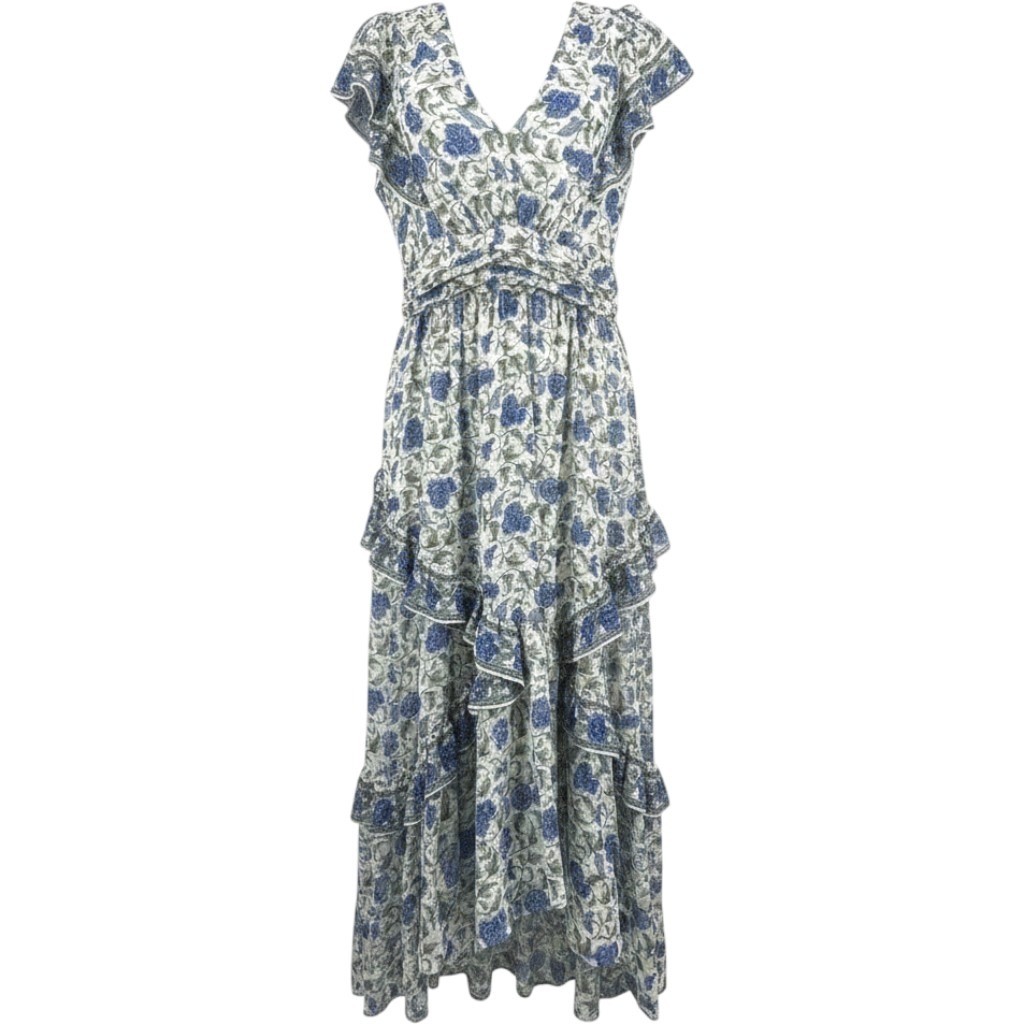 Max Studio Floral Ruffle Maxi Dress High Low L Blue White Prairie Garden Party