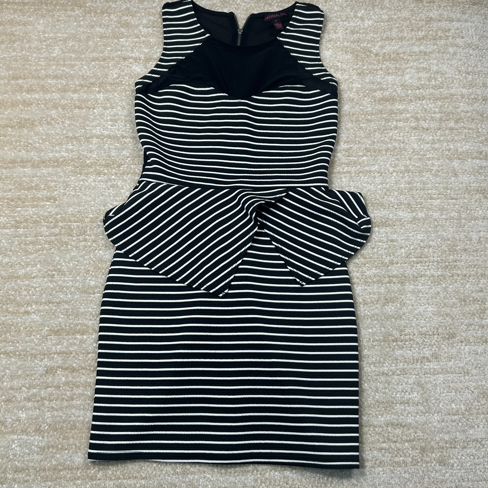 Material Girl Dress Womens Small Black White Striped Peplum Bodycon Sleeveless