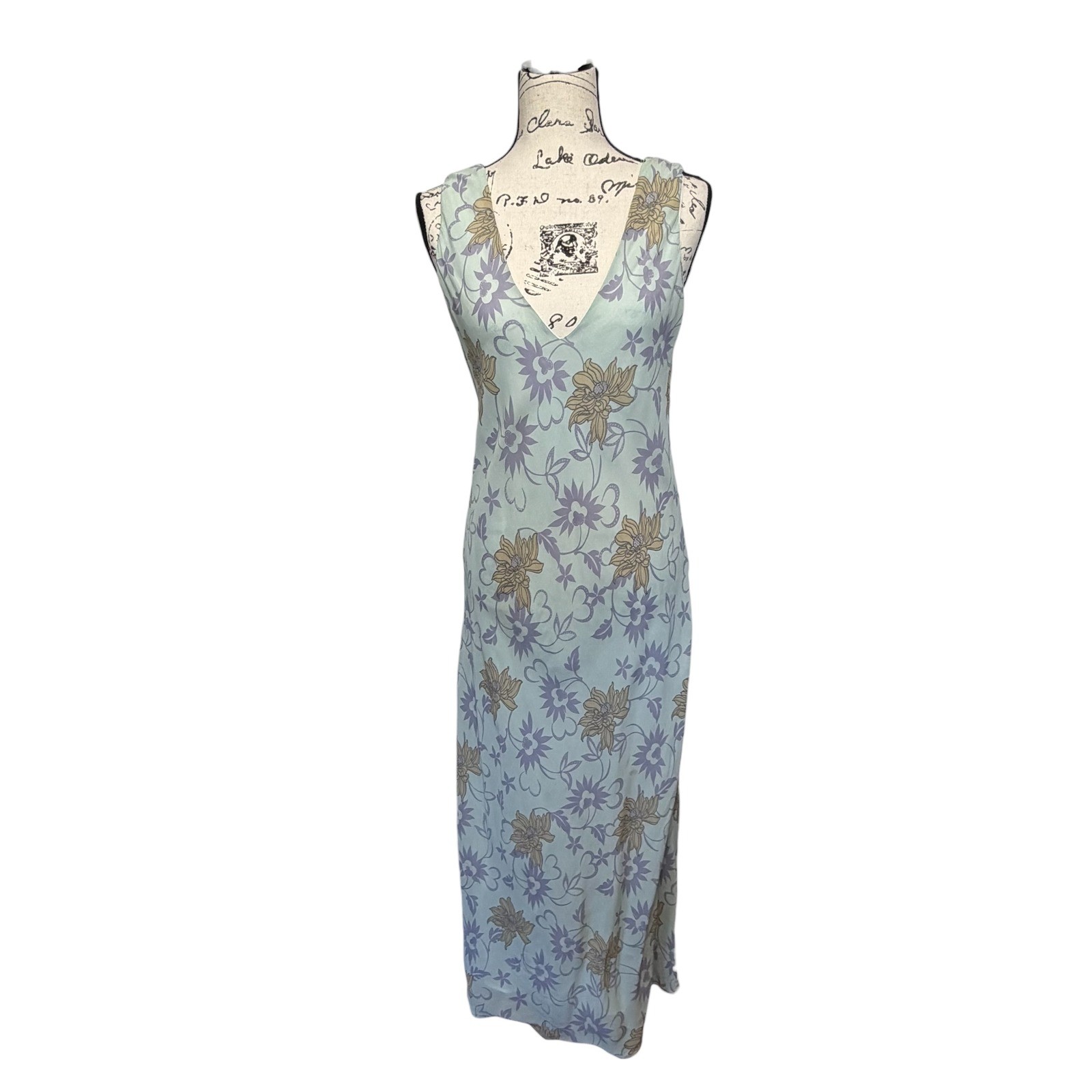 Vintage Blue Stem Floral Chiffon Maxi Dress V Neck Sleeveless Y2K Medium Fairy