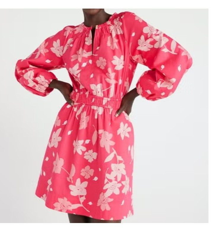 FREE ASSEMBLY Pink Floral Gathered Waist Smocked Detail Long Sleeve Dress Sz XL