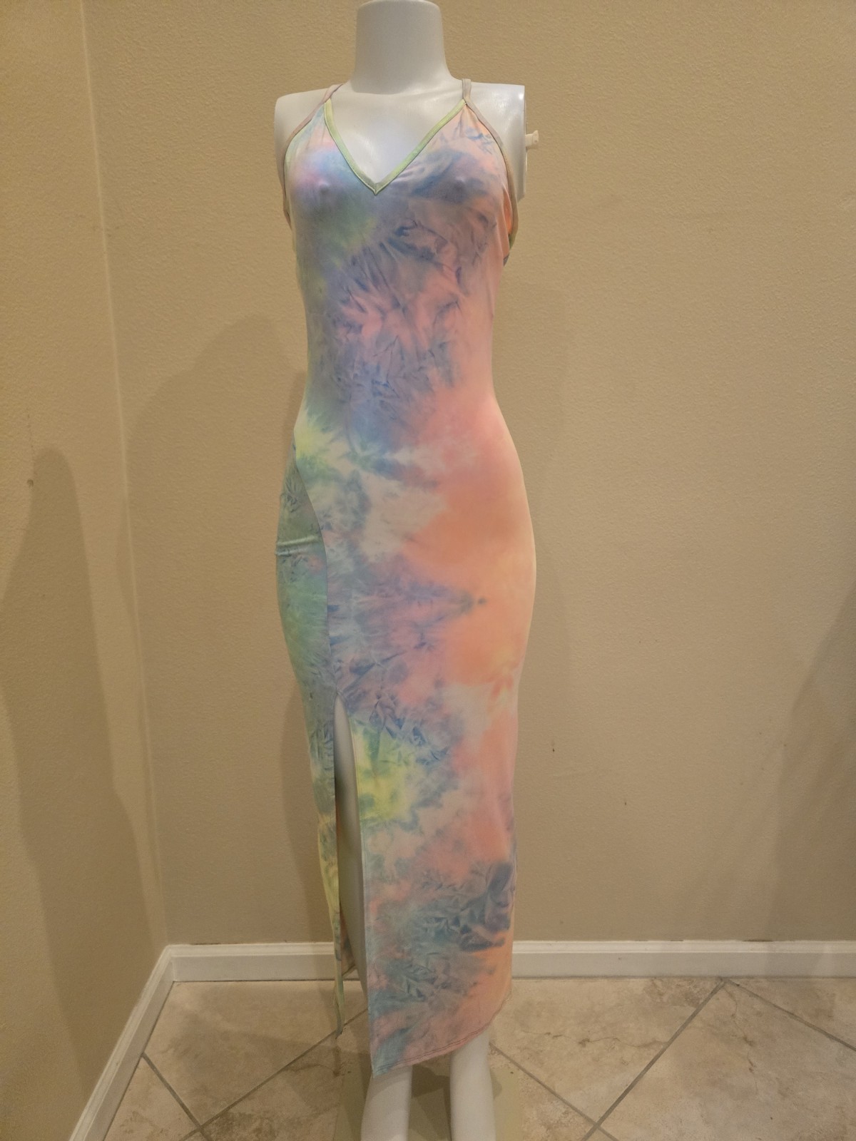Women’s Tie Dye V-Neck Strappy Open Back Jumpsuit S Polyester/Spandex