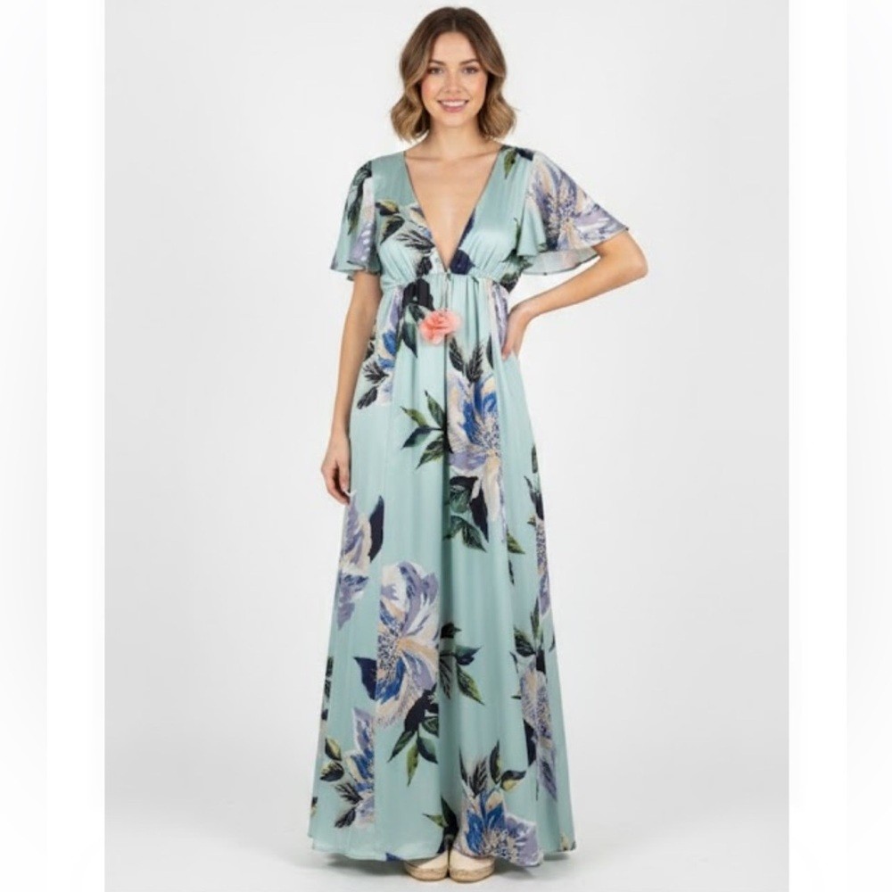 Show Me Your Mumu Faye Flutter Blue Floral Satin‎ Maxi Dress