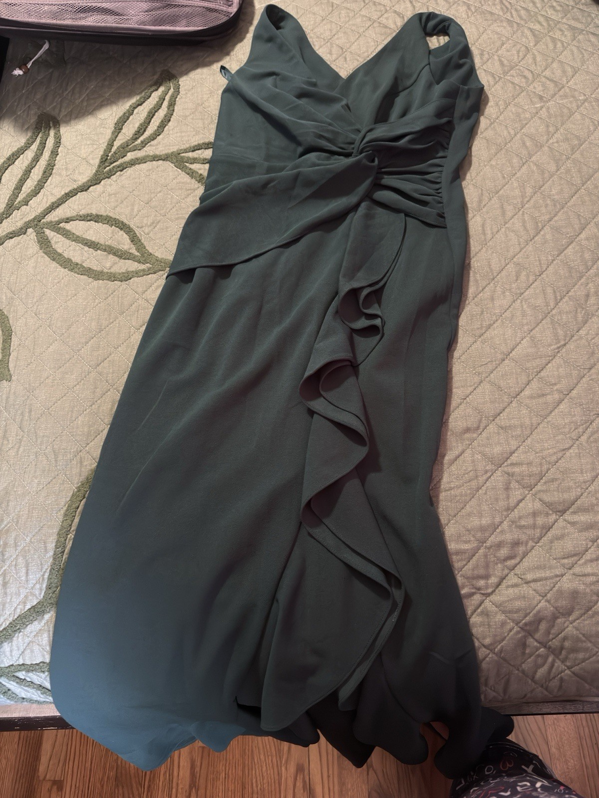 Dark Green Solid Maxi Dress V-Neck Sleeveless Ruffle Ruched Long Size L