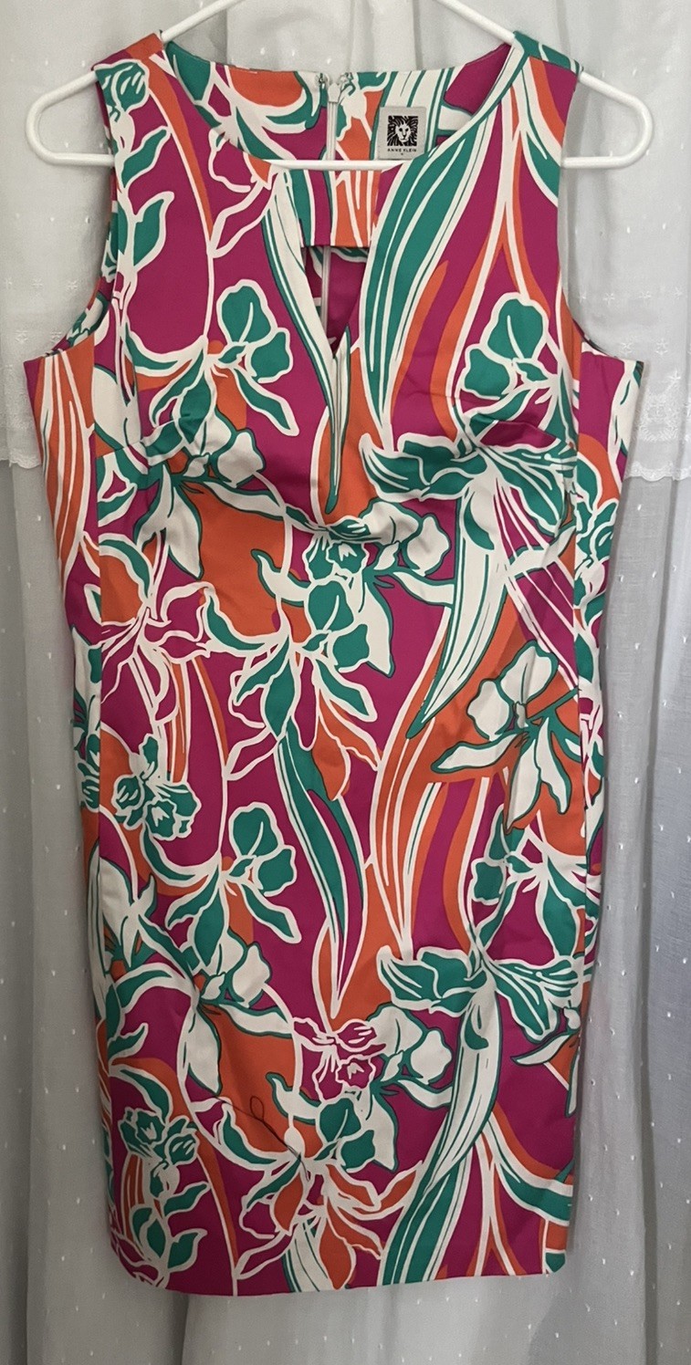 Anne Klein Womens Sleeveless Dress Tropical Floral Pink Orange Size 4