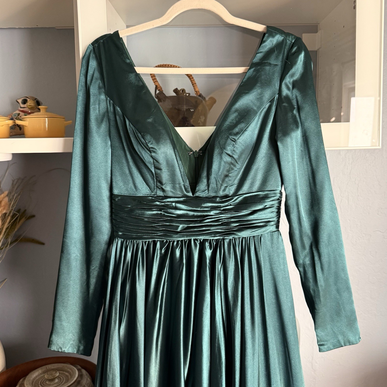 Hebeos A-Line/Princess V-Neck Long Sleeves Sweep/Brush Train Satin Dress 2 Green