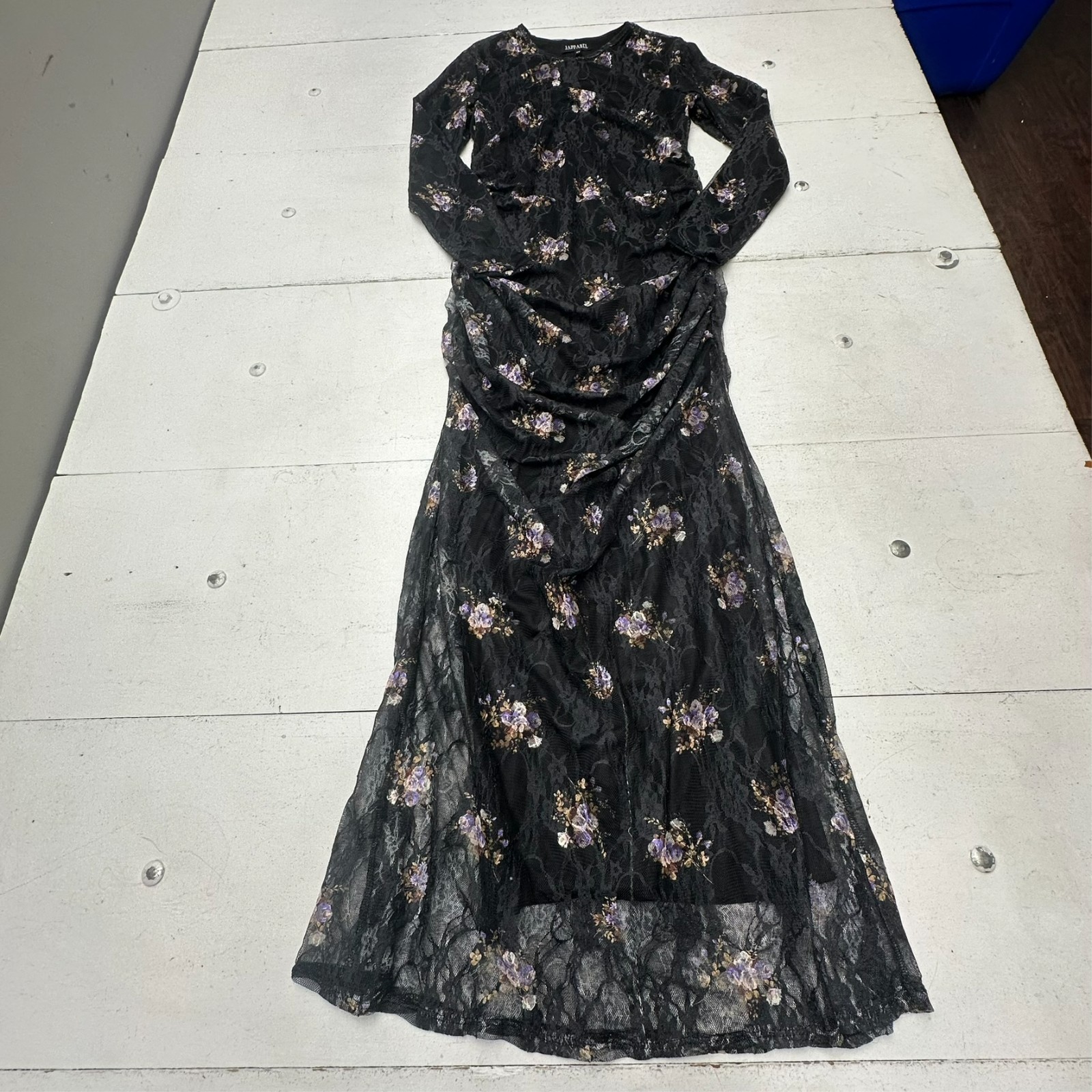 Japparel Black Floral Long Sleeve Side Rouched Lola Dress Women’s Size XS NEW