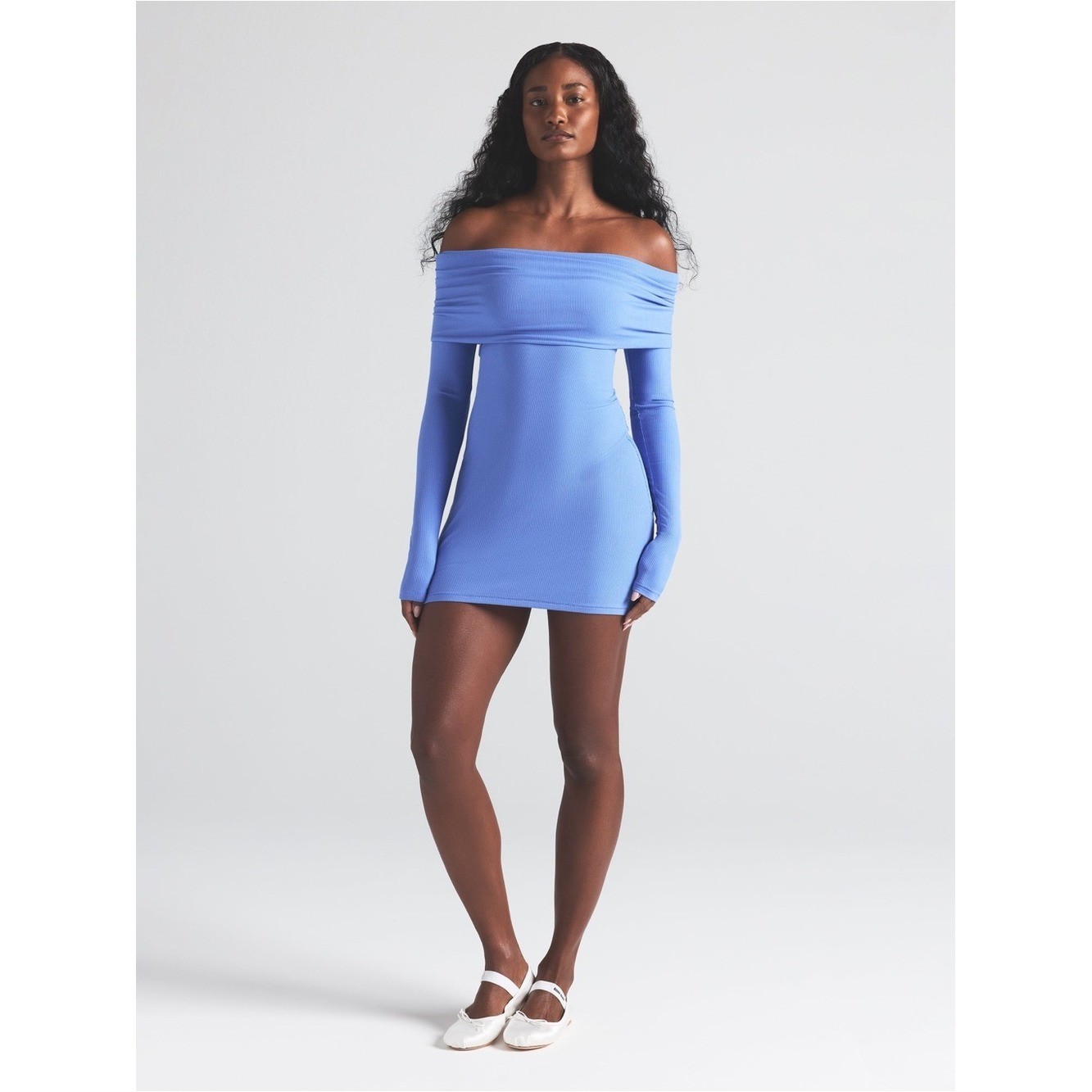 SKIMS Off Shoulder Cielo Long Sleeve Mini Dress Periwinkle Blue M