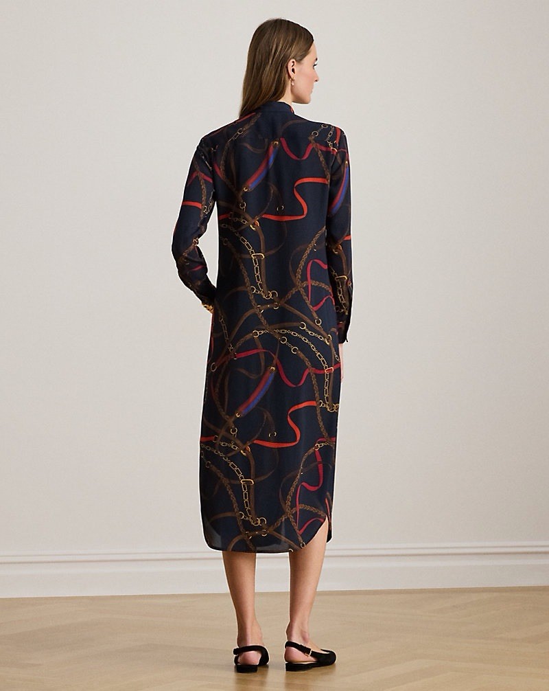 Ralph Lauren Georgette Equestrian Chain Print Tie Neck Midi Dress Navy 14 NWT