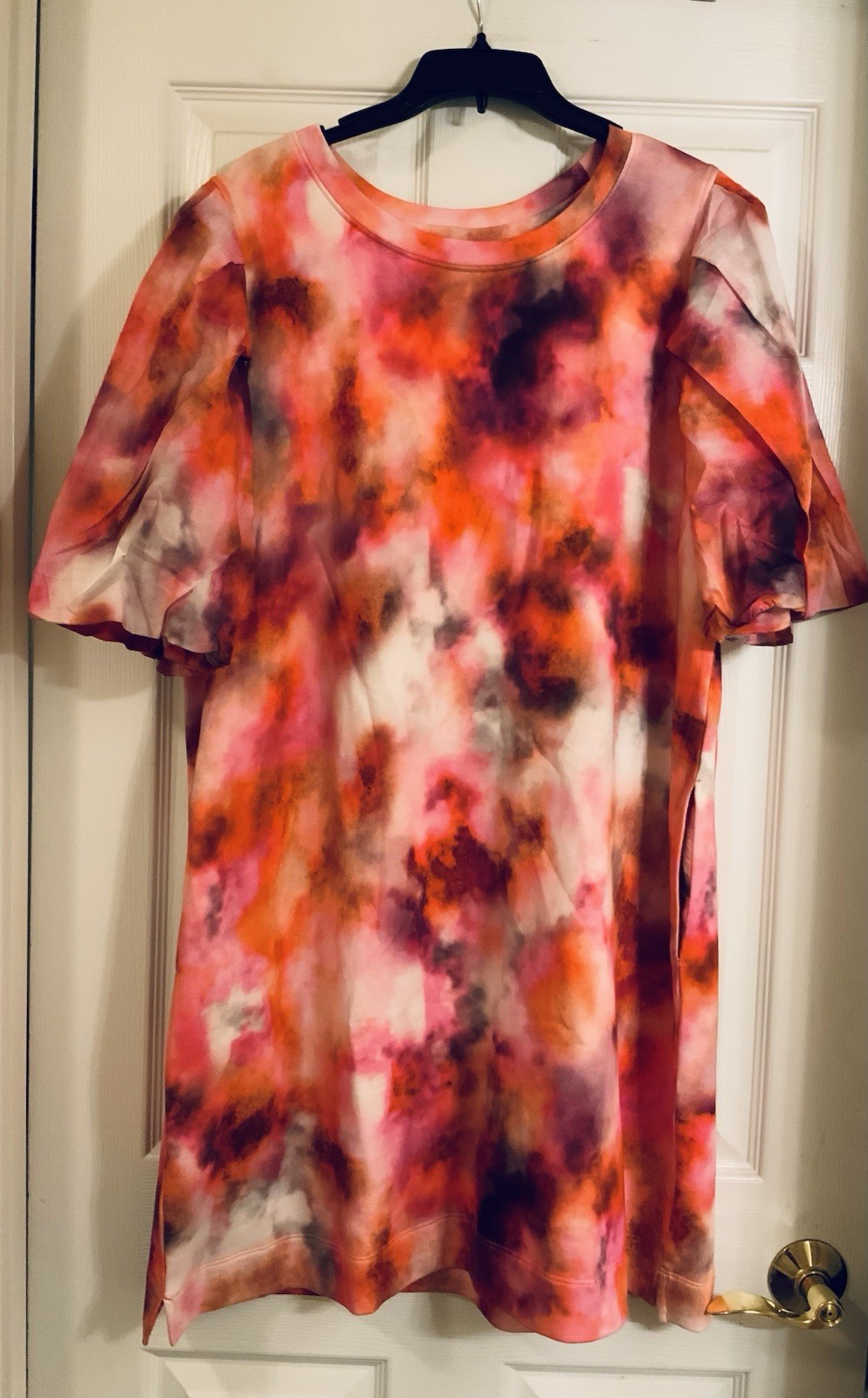 Chicos Shift Dress Size XL Watercolor Tye Die Pattern Puff Sleeves Pockets