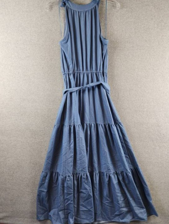 T Tahari Tiered Fit & Flare Halter Maxi Dress Womens M Denim Belted Button Strap