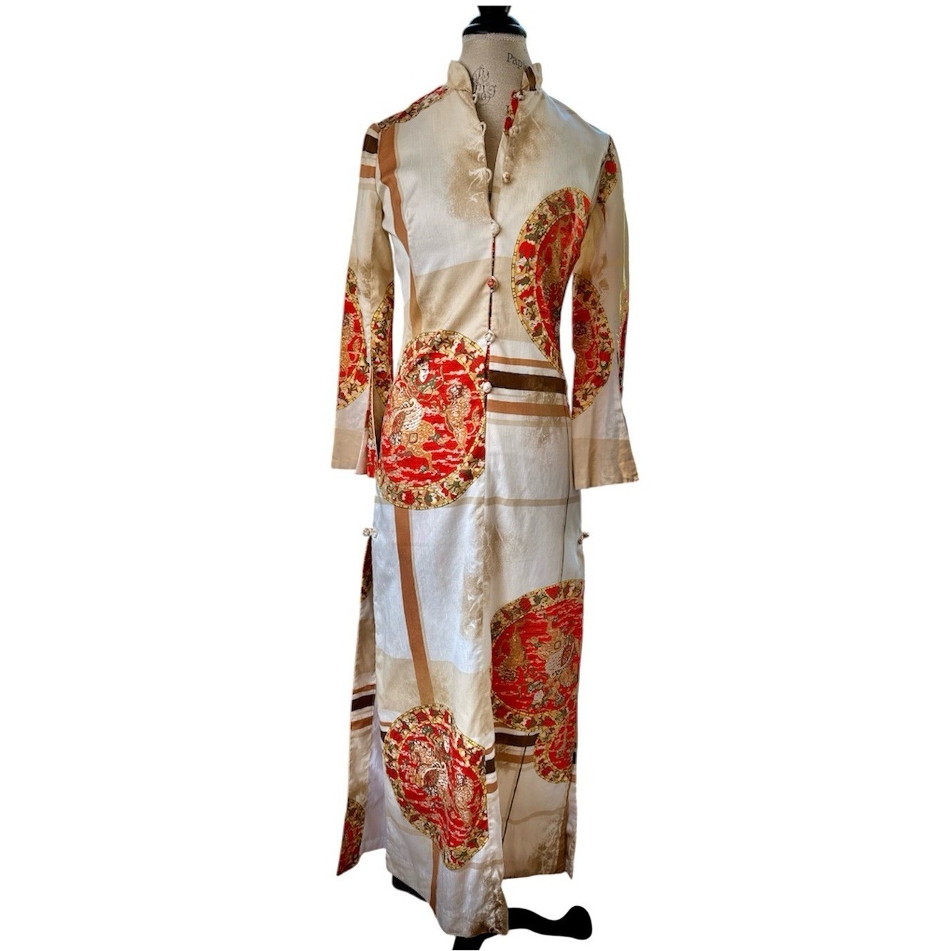 Tori Richard Asian inspired mandarine Hawaiian maxi dress ling sleeves XS/S