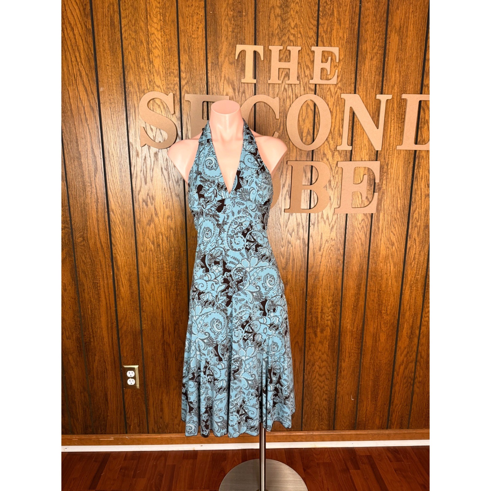 Grigio Halter Midi Dress Blue Brown Paisley Floral Boho Y2K Vacation Summer