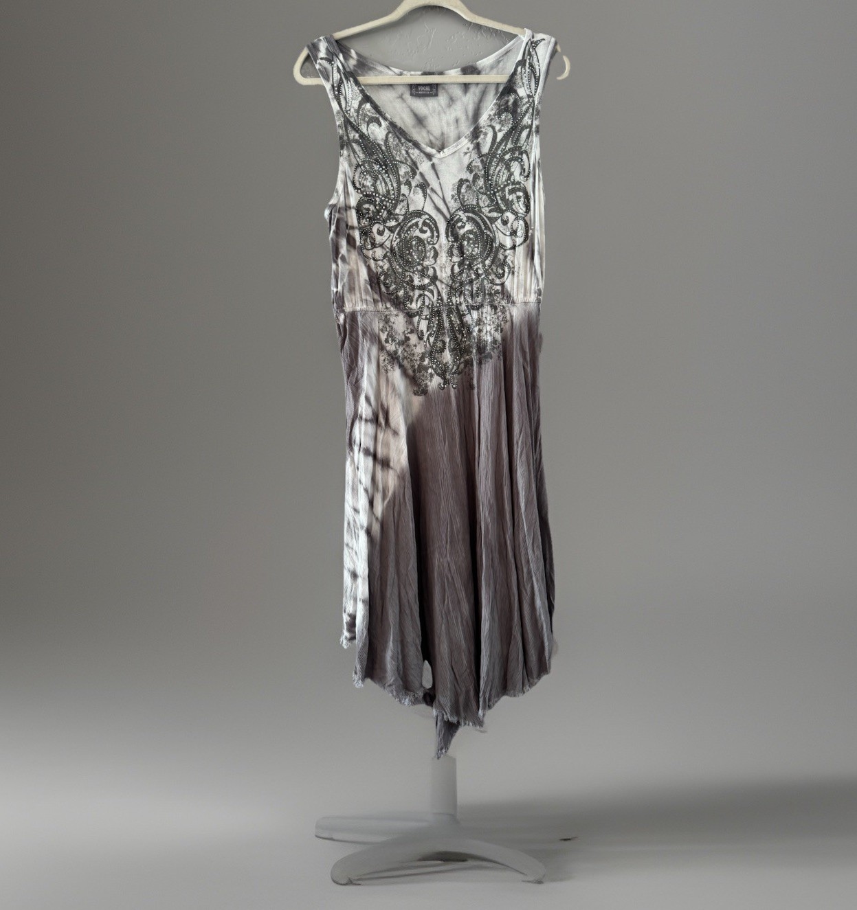 Be Vocal USA Dress XL Cowgirl Gray Acid Wash Tank V-Neck Swing Fringe Rhinestone