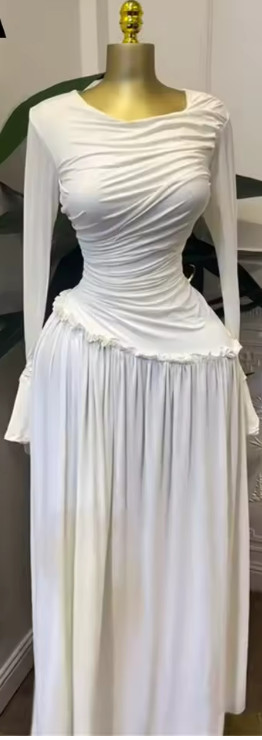 Women Full Sleeve O-neck Elegant Long Dress