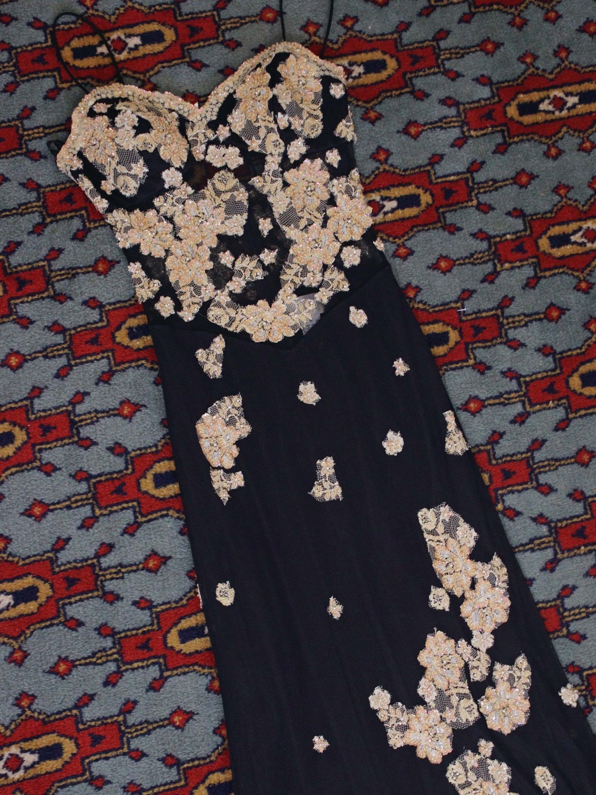 Y2K Cassandra Stone Dress Sheer Black Mesh Champagne Gold Lace Prom Dress 2000s
