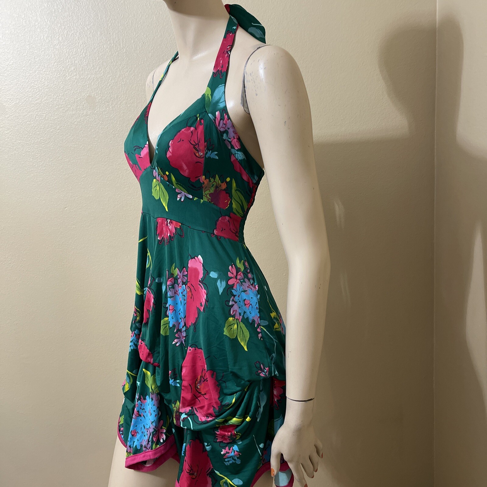 Women’s Green Floral Bright Polyester Casual Stretch Open Tie Size L Sundress