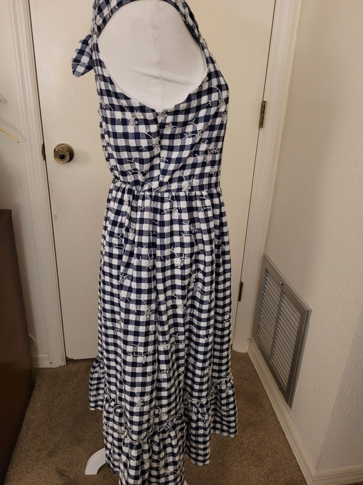 Blueberi Boulevard Navy Gingham Embroidered Midi Dress Bow Back Cottagecore Med