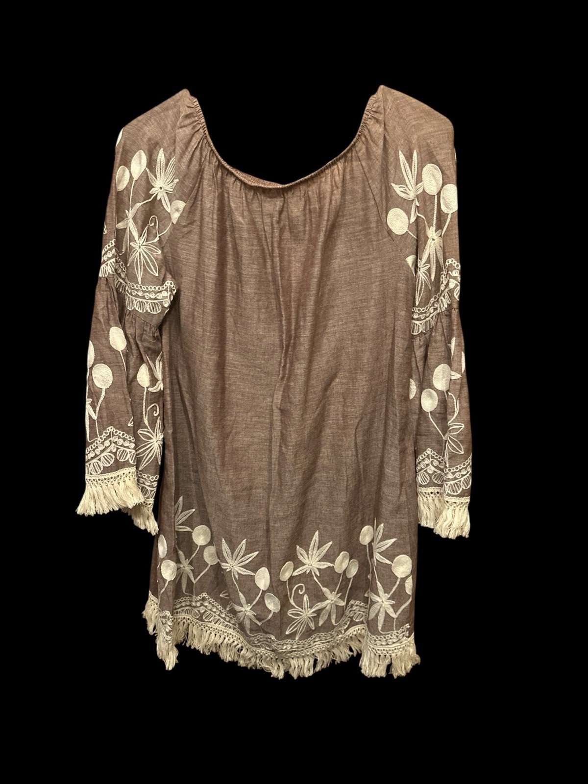 Indigo Soul Dress Boho Crinkle Gauze Crochet Fringe Hem Bell Sleeves Small(806)