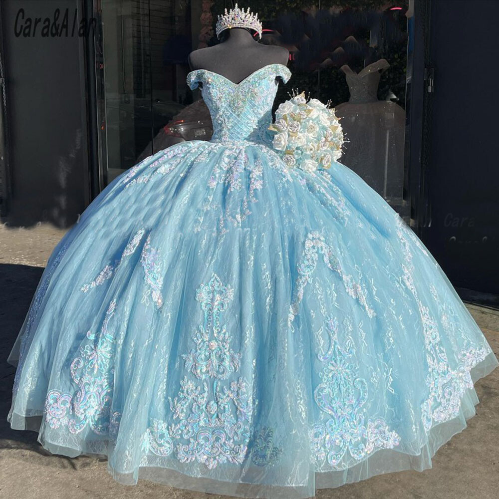 Light Blue Sequin Lace Quinceanera Ball Gown Sparkly Tulle Sweet 16 Dress