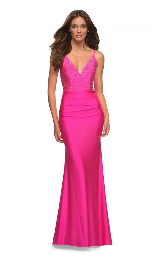 La Femme Neon Pink Beaded V- Neck Cross Back Jersey Gown Size 2 $338 Prom