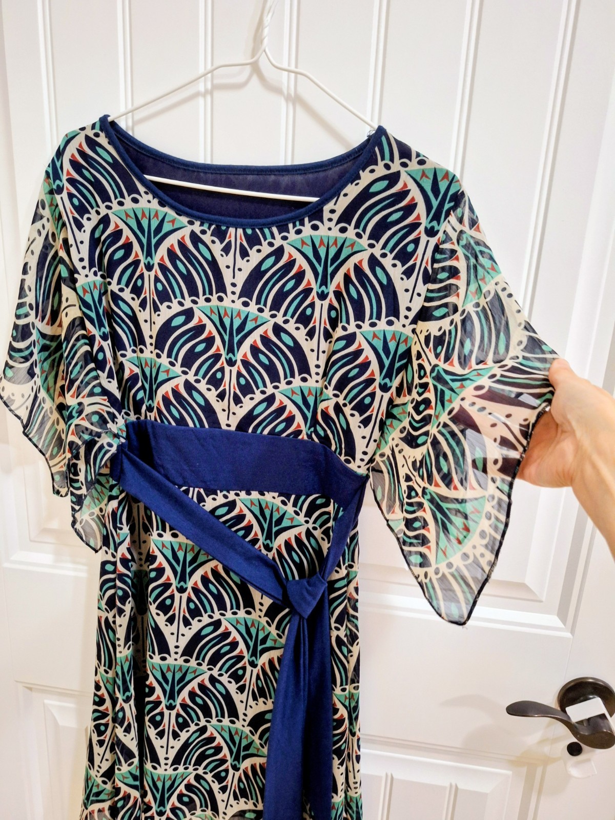 EUC Women’s Navy & Teal Printed Belted Dress