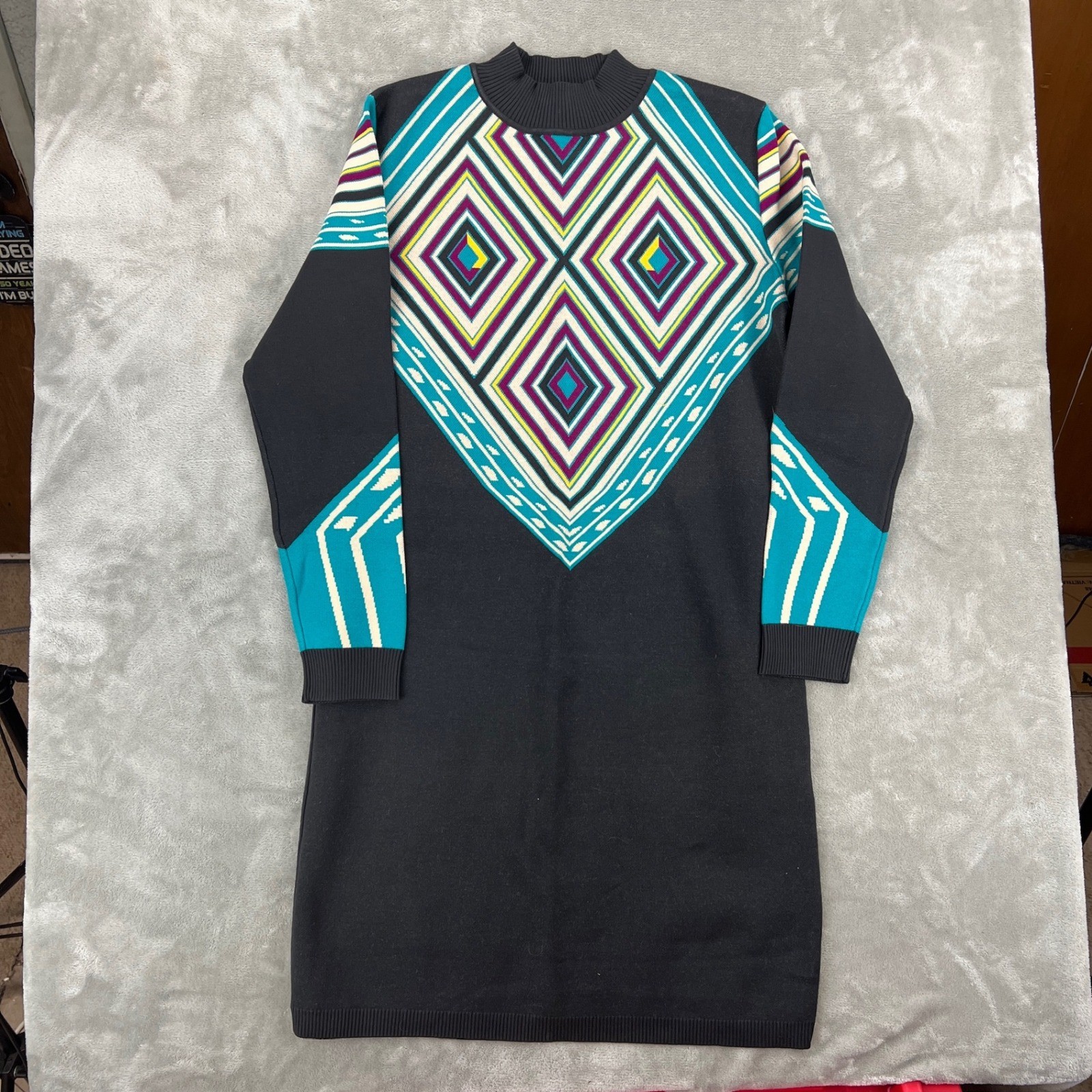 Yuka Womens Geometric Diamond Intarsia Mock Neck Sweater Dress Black Teal T5