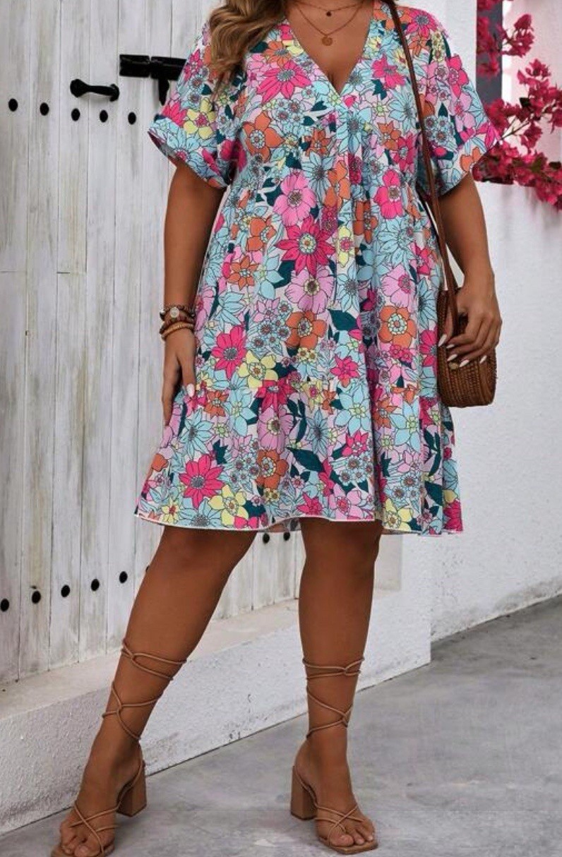 New Floral Vneck Knee Lenth Sun Dress 12XL